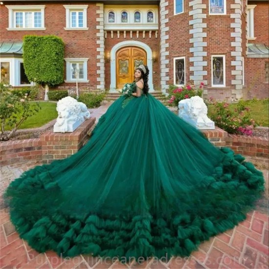 Elegant Green Princess Ball Gown Quinceanera Dresses Off Shoulder Bead Tiered Ruffle Sweet 16 Dress Birthday Party Gown