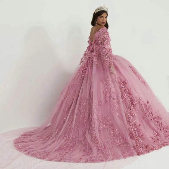 Elegant Pink Spaghetti Strap Backless Flowers Appliques Quinceanera Dress 2024 Ball Gown Floor Length Sweep Train Prom Dress