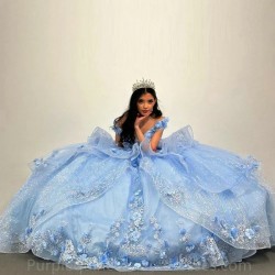 Elegant Sky Blue Quinceanera Dresses 2024 Sweetheart Ball Gown Off Shoulder Flower Puffy Sweet 16 Dress Birthday Party