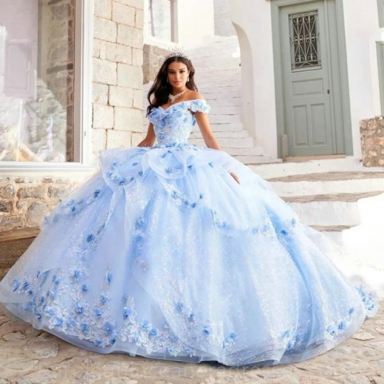 Elegant Sky Blue Quinceanera Dresses 2024 Sweetheart Ball Gown Off Shoulder Flower Puffy Sweet 16 Dress Birthday Party