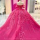 Fuchsia Ruffles Sequined Lace Ball Gown Quinceanera Dresses Off The Shoulder Corset Vestidos De 15 Anos