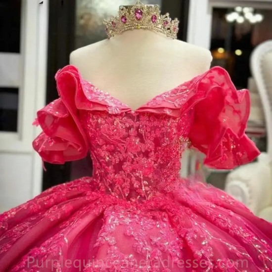 Fuchsia Ruffles Sequined Lace Ball Gown Quinceanera Dresses Off The Shoulder Corset Vestidos De 15 Anos