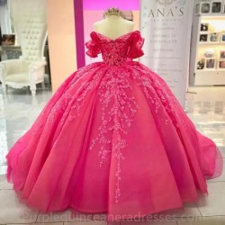 Fuchsia Ruffles Sequined Lace Ball Gown Quinceanera Dresses Off The Shoulder Corset Vestidos De 15 Anos