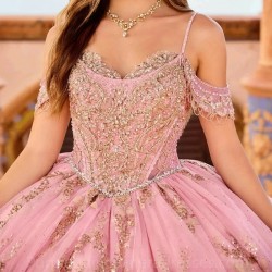 Gold Appliques Pink Quinceanera Dress Princess Prom Gown Lace Beads Sweet 15 16 Dress Vestidos De 15 Anos