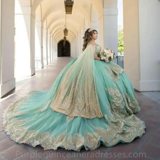 Gold Appliques Sage Green Quinceanera Dress Ball Gown Beaded With Cape Cocktail Dresses Lace Up Back Vestidos De