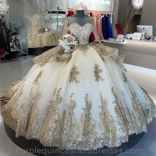 Gold Quinceanera Dress Lace Pearls Ball Gown vestidos para 15 vestido anos Glitter Long Sleeve Sequined Birthday Prom Gown