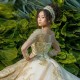 Gold Quinceanera Dress Lace Pearls Ball Gown vestidos para 15 vestido anos Glitter Long Sleeve Sequined Birthday Prom Gown