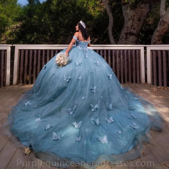 Hunter Green 3D Butterfly Crystal Ball Gown Quinceanera Dresses Off The Shoulder Appliques Lace Corset Vestidos De 15 Anos