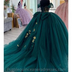 Illusion Emerald Green Beading Bow Ball Gown Quinceanera Dresses Off The Shoulder Gold Appliques Corset Vestidos De 15 Anos