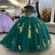 Illusion Emerald Green Beading Bow Ball Gown Quinceanera Dresses Off The Shoulder Gold Appliques Corset Vestidos De 15 Anos