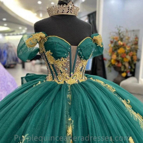 Illusion Emerald Green Beading Bow Ball Gown Quinceanera Dresses Off The Shoulder Gold Appliques Corset Vestidos De 15 Anos