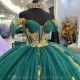 Illusion Emerald Green Beading Bow Ball Gown Quinceanera Dresses Off The Shoulder Gold Appliques Corset Vestidos De 15 Anos