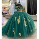 Illusion Emerald Green Beading Bow Ball Gown Quinceanera Dresses Off The Shoulder Gold Appliques Corset Vestidos De 15 Anos