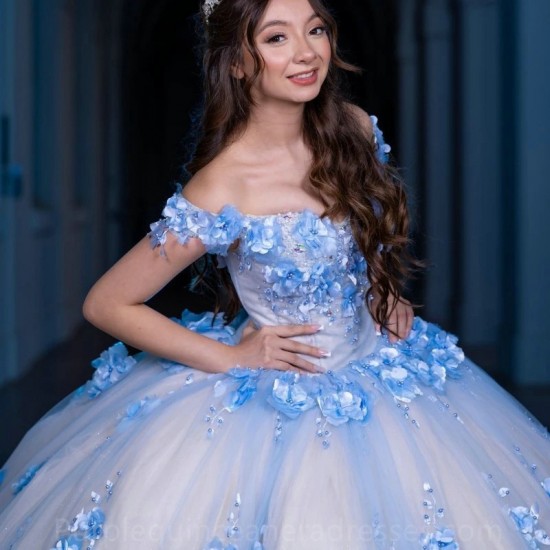 Lace Appliques Quinceanera Dresses Ball Gown Off Shoulder Puffy Sweet 16 Dress 3D Flowers Beading Celebrity Party Gown