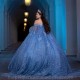 Light Blue Glitter Crystal Beading Ball Gown Quinceanera Dresses With Cape Off The Shoulder Appliques Corset Vestidos De 15 Anos