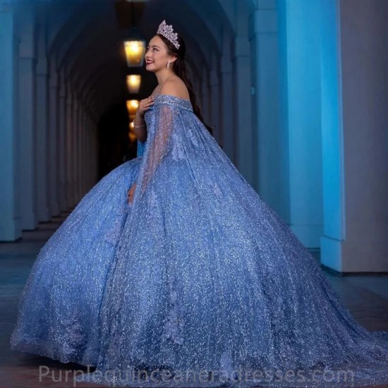 Light Blue Glitter Crystal Beading Ball Gown Quinceanera Dresses With Cape Off The Shoulder Appliques Corset Vestidos De 15 Anos