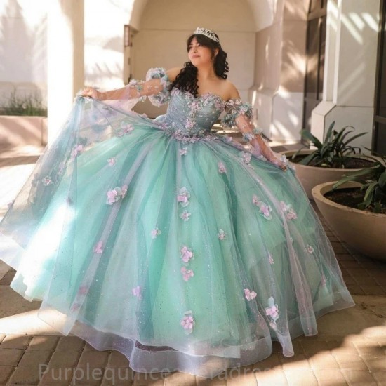 Light Green Shiny Princess Quinceanera Dresses Ball Gown 2024 Sweet 16 Dress Beads Appliques Lace Flower Birthday 15th Party