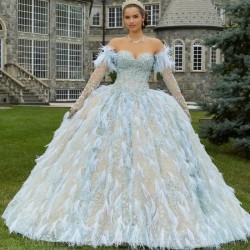 Light Sky Blue Sweetheart Quinceanera Dress Off Shoulder Appliques Feather Sequins Party Princess Sweet 16 Ball Gown Vestidos De