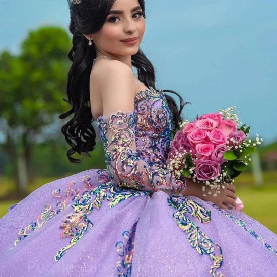 Long Sleeve Lilac Quinceanera Dresses Ball Gown Sequined Appliques Lace Corset Vestidos De 15 Anos