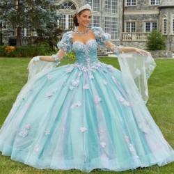 Long Sleeves Light Green Quinceanrea Dresses Pink Tulle 2023 Elegant Flowers Ball Gown Prom Dress Sweet 15 16 Princess