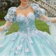 Long Sleeves Light Green Quinceanrea Dresses Pink Tulle 2023 Elegant Flowers Ball Gown Prom Dress Sweet 15 16 Princess