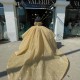 Long Sweet Golden Quinceanera Dresses 2024 Sweetheart Backless Lace Applique With Flower 15 16 Birthday Ball Gown Prom Party