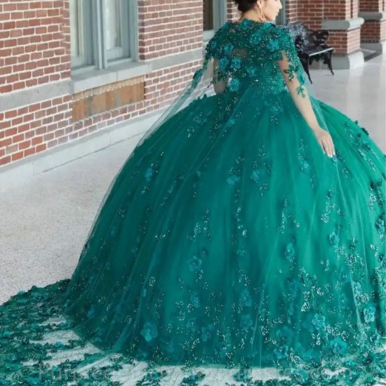 Lorencia Dark Green Quinceanera Dresses 2023 Ball Gown With Cap 3D Flower Appliques Beading Sweet 16 Vestido De 15 Anos