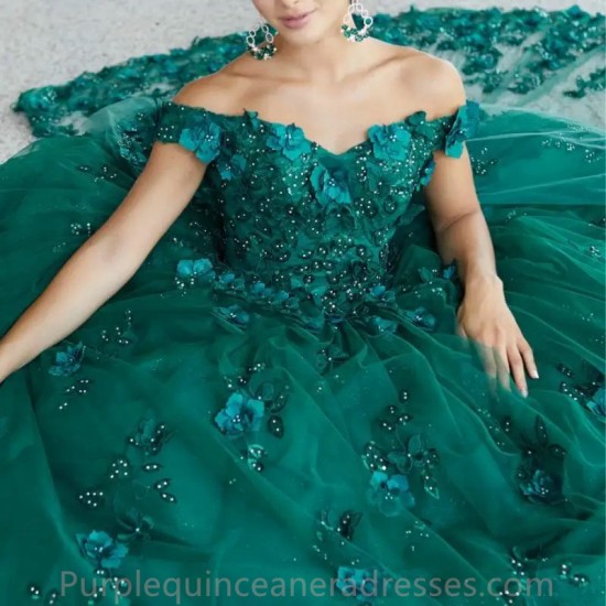 Lorencia Dark Green Quinceanera Dresses 2023 Ball Gown With Cap 3D Flower Appliques Beading Sweet 16 Vestido De 15 Anos