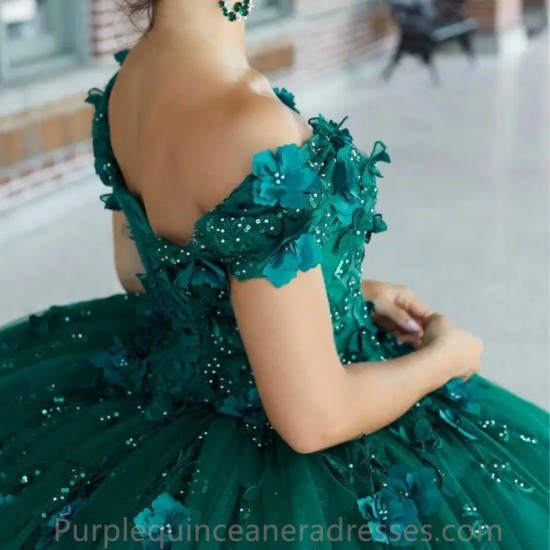 Lorencia Dark Green Quinceanera Dresses 2023 Ball Gown With Cap 3D Flower Appliques Beading Sweet 16 Vestido De 15 Anos