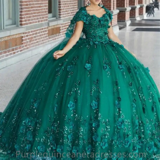 Lorencia Dark Green Quinceanera Dresses 2023 Ball Gown With Cap 3D Flower Appliques Beading Sweet 16 Vestido De 15 Anos