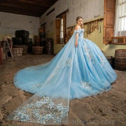 Luxury Blue Quinceanera Dresses 2024 Sweetheart Off Shoulder Long Train Princess Ribbon Puffy Skirt Girls Sweet 15 16 Birthday