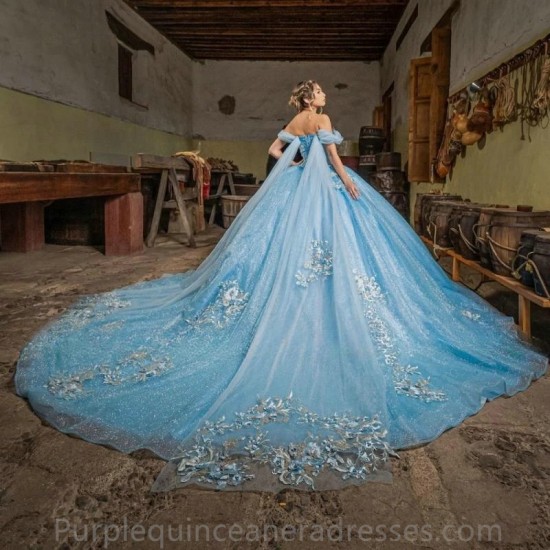 Luxury Blue Quinceanera Dresses 2024 Sweetheart Off Shoulder Long Train Princess Ribbon Puffy Skirt Girls Sweet 15 16 Birthday