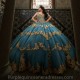 Luxury Blue Quinceanera Dresses 2024 V Neck Spaghetti Layers Golden Lace Applique Long Puffy Skirt Girls Sweet 15 16 Birthday