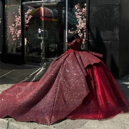 Luxury Burgundy Princess Ball Gown Quinceanera Dresses Off Shoulder Flowers Appliques Beads Luxury Vestidos Wedding Gowns