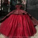 Luxury Burgundy Princess Ball Gown Quinceanera Dresses Off Shoulder Flowers Appliques Beads Luxury Vestidos Wedding Gowns