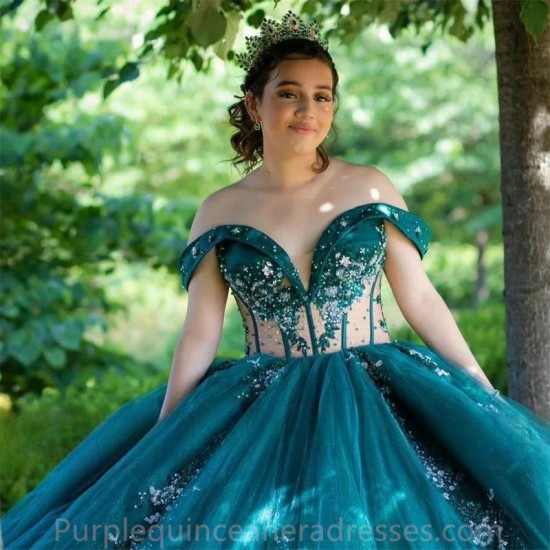 Luxury Emerald Green Princess Quinceanera Dresses 2024 Ball Gown Applique Beads Crystal Sweet 16th Dress Lace Up Birthday Party