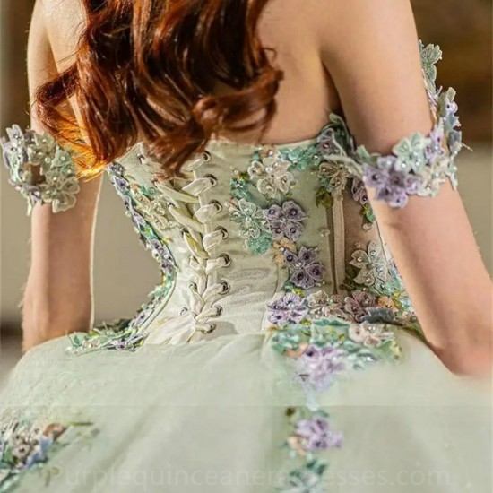 Luxury Flowers Princess Green Ball Gown Quinceanera Dresses Crystals Off Shoulder Appliques Pearls Vestidos De 15 Anos