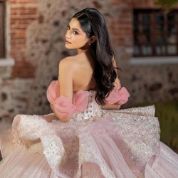 Luxury Pink Quinceanera Dress Appliques Off The Shoulder Ball Gown Tulle Charro Mexican Dress Vestidos De 15 Quinceanera