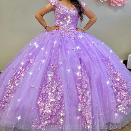 Luxury Sequins Lavender Quinceanera Dresses Vestidos De 15 Anos Off Shoulder Applique Lace Beading Formal Princess Gown