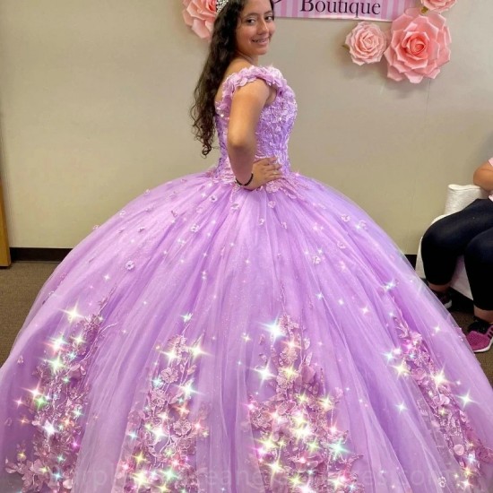 Luxury Sequins Lavender Quinceanera Dresses Vestidos De 15 Anos Off Shoulder Applique Lace Beading Formal Princess Gown