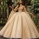 Luxury Sparkly Champagne Quinceanera Dresses With Two Gloves Beaads Ball Gown Appliques Sweet 16 Dress Party Vestidos De 15 anos