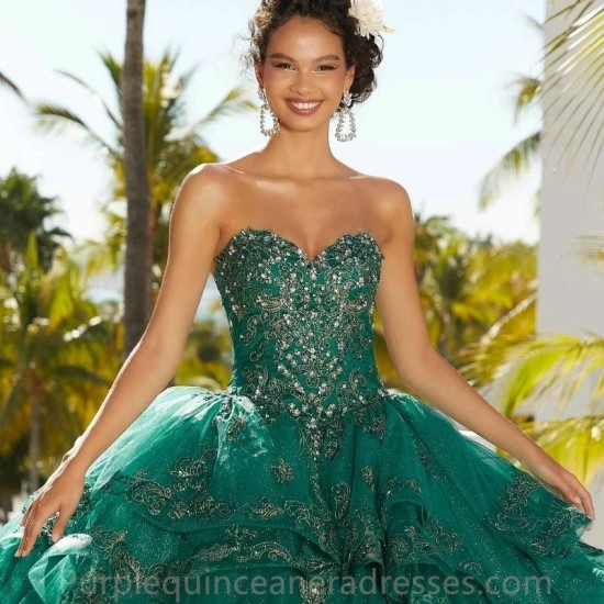 Mexico Emerald Green Sweetheart Quinceanera Dress Sequins Beaded with Long Sleeve Appliques Lace Sweet 16 Dress