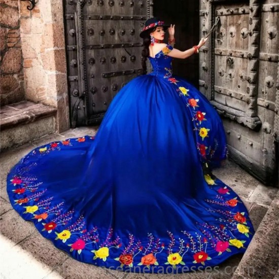 Mexico Royal Blue 2024 Ball Gown Quinceanera Dresses Beaded Luxury Sweet 16 Dress Embroidery Prom Party Gowns Lace up