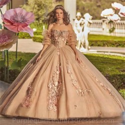 New Arrival Quinceanera Dress Off Shoulder Sweet 16 Gowns Flower Appliques Crystals Beads Birthday Party Princess Ball Gown