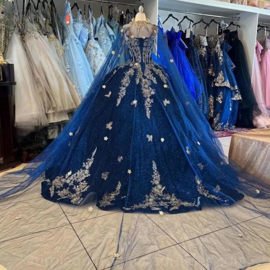 New Navy Blue Quinceanera Dresses Ball Gowns Appliques Velvet Birthday Party Evening Dress Vestidos De 15 Quinceañera