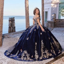 New Navy Blue Quinceanera Dresses Ball Gowns Appliques Velvet Birthday Party Evening Dress Vestidos De 15 Quinceañera