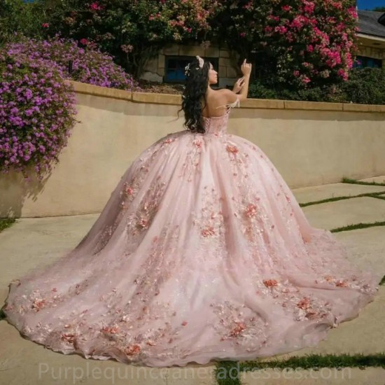 New Pink Quinceanera Dresses For Sweet 16 Girls Appliques Princess Ball Gowns Spagnetti Strap Beads Vestido De XV Anos