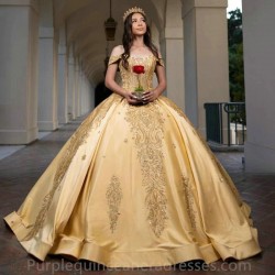 Off Shoulde Golden Quinceanera Dress 2024 Princess Sweet 15 16 Years Birthday Party Gown Gift Long Puffy Skirt Formal Pageant