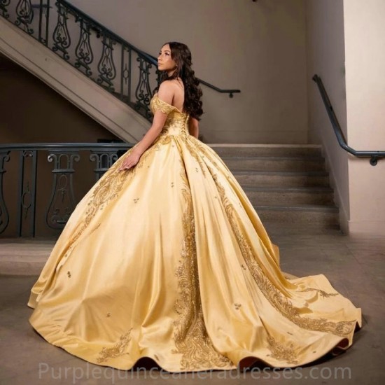 Off Shoulde Golden Quinceanera Dress 2024 Princess Sweet 15 16 Years Birthday Party Gown Gift Long Puffy Skirt Formal Pageant