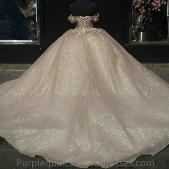 Off Shoulder Champagne Ball Gown Quinceanera Dresses Sparkly Sweet 16 Dress Vestido De 15 Anos